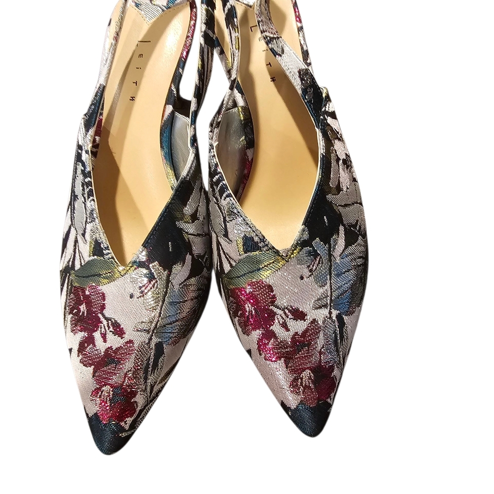 Leith Floral pointed toe shiny slingback Kitten Heels Women's Size 65 M - Picture 2 of 9
